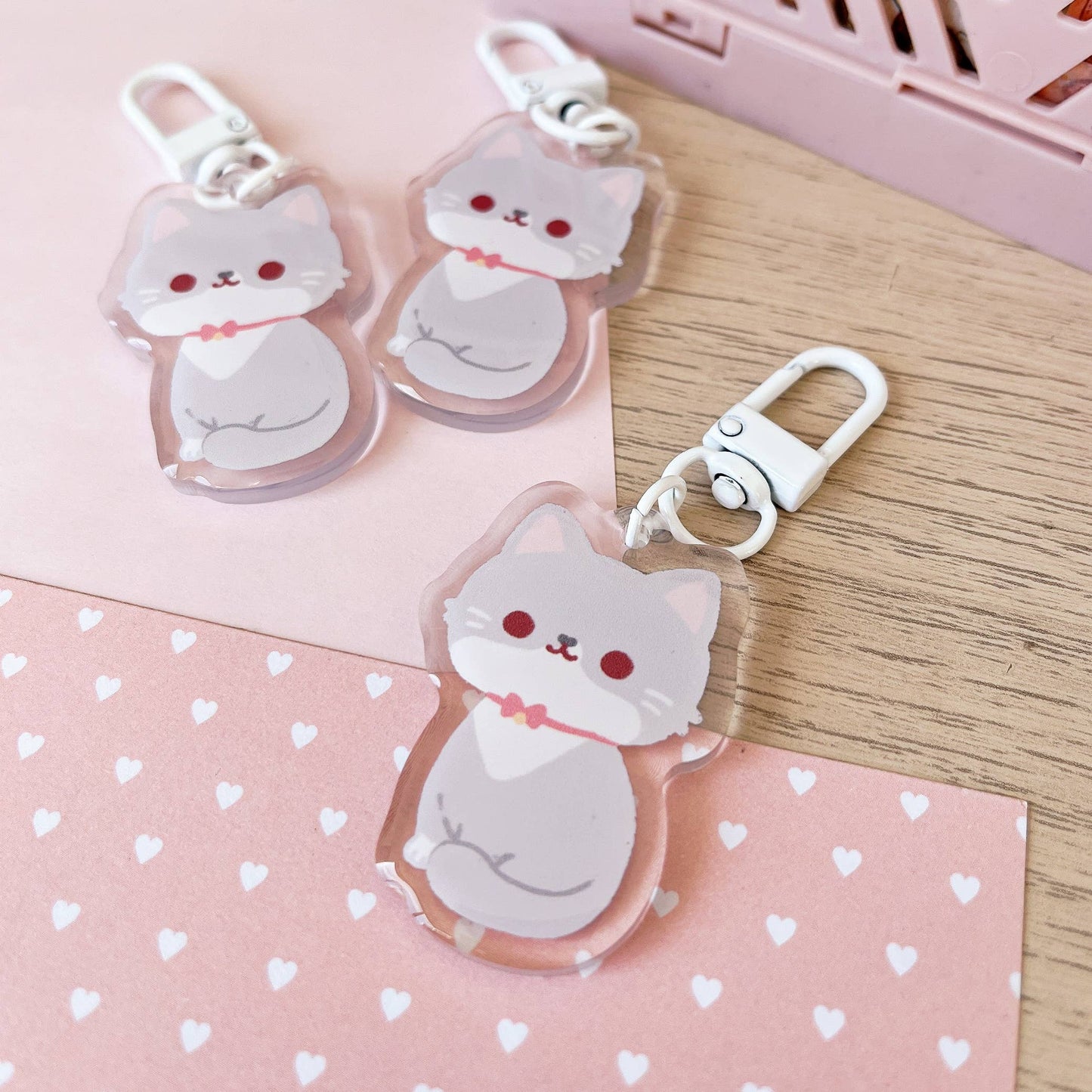 Cherry Rabbit | Grey Cat Keychain
